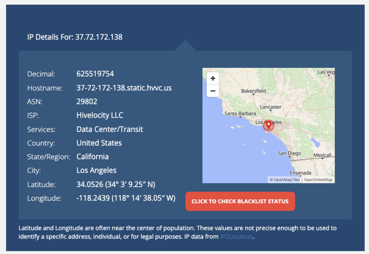 IP address lookup results